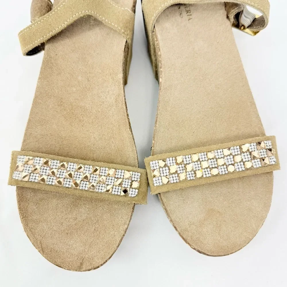 Antica Cuoieria Tan Suede Rhinestone Sparkle Open Toe Cork Wedge Sandals